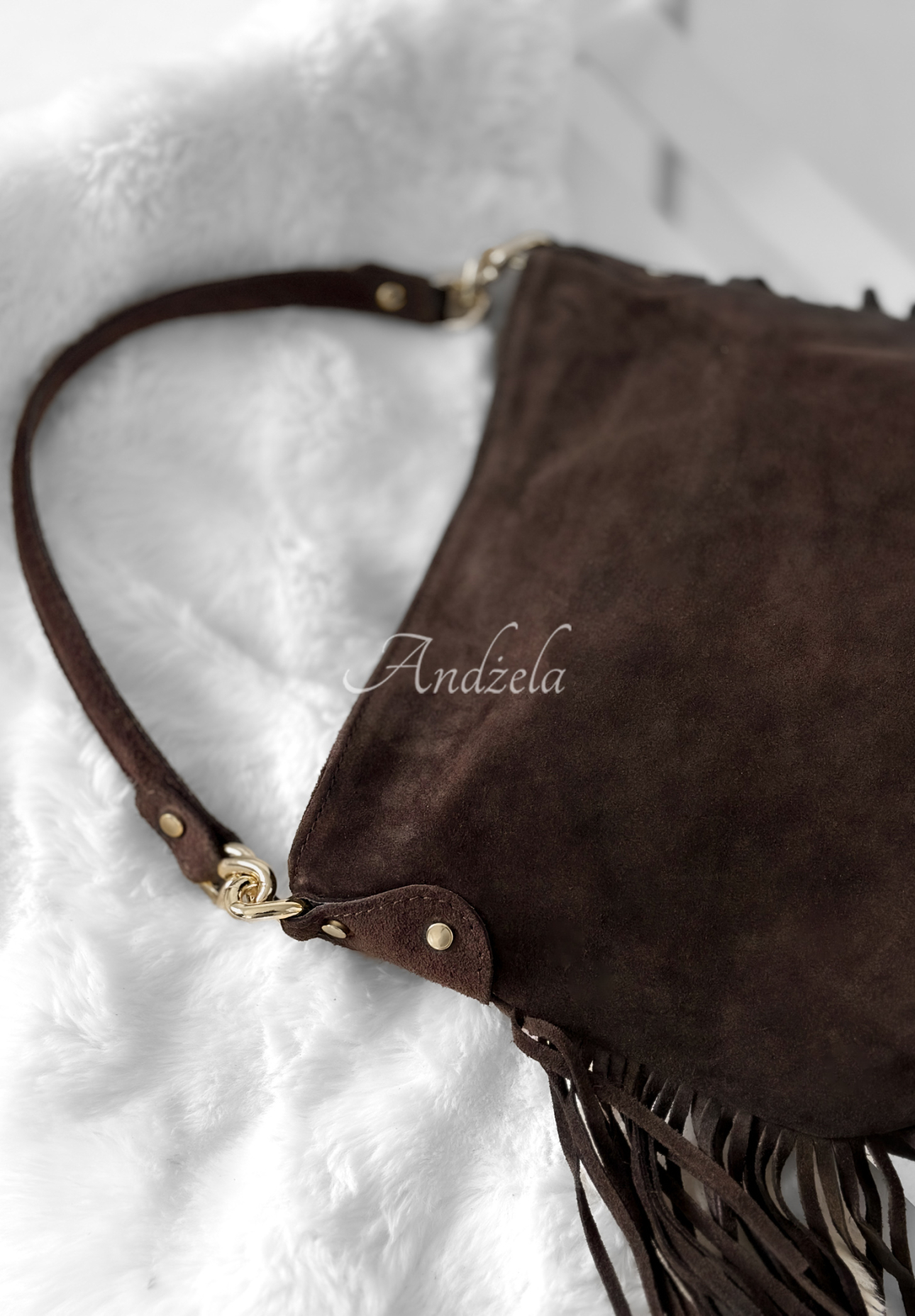 Suede handbag with tassels Final Message chocolate