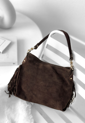 Suede handbag with tassels Final Message chocolate