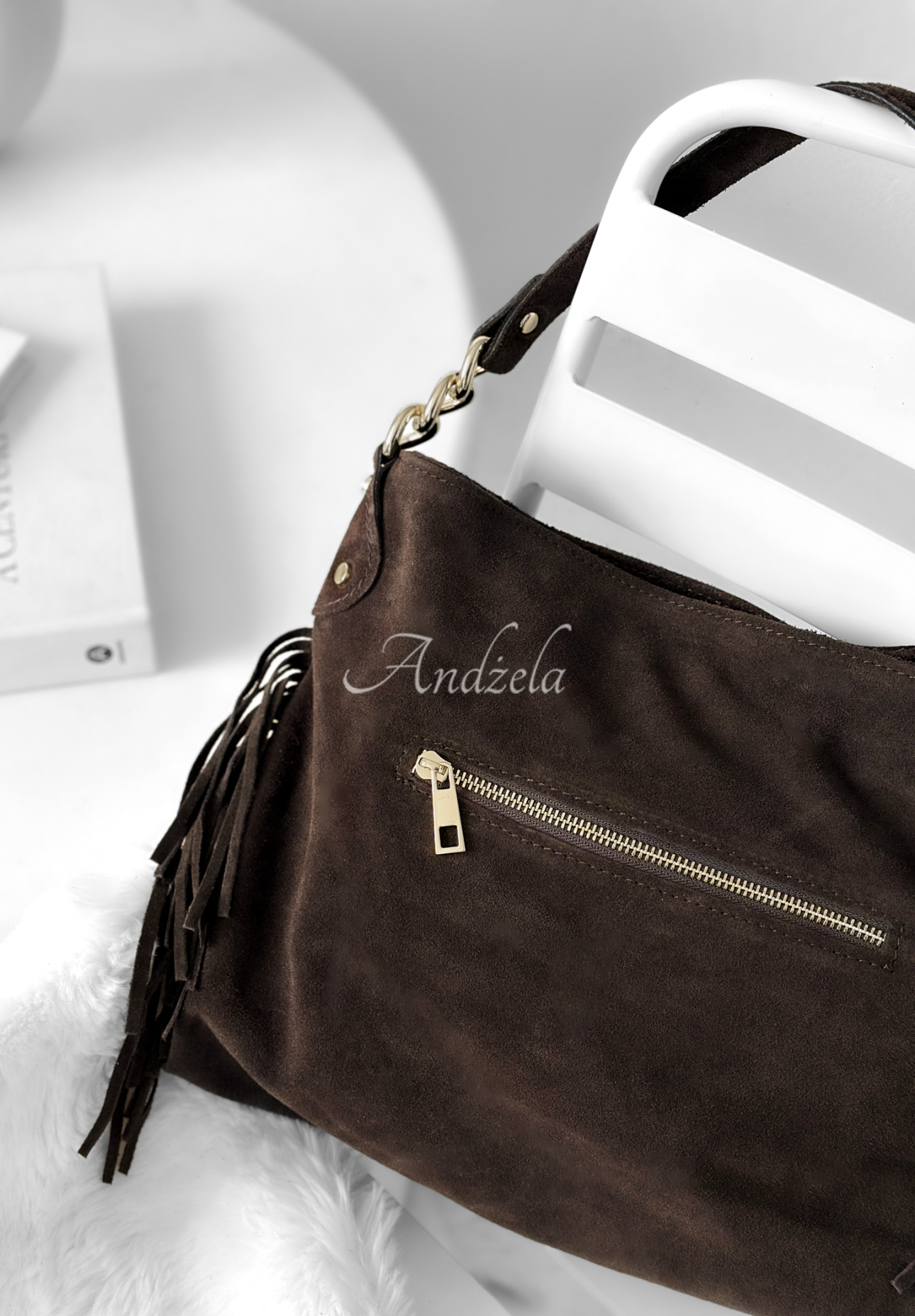 Suede handbag with tassels Final Message chocolate