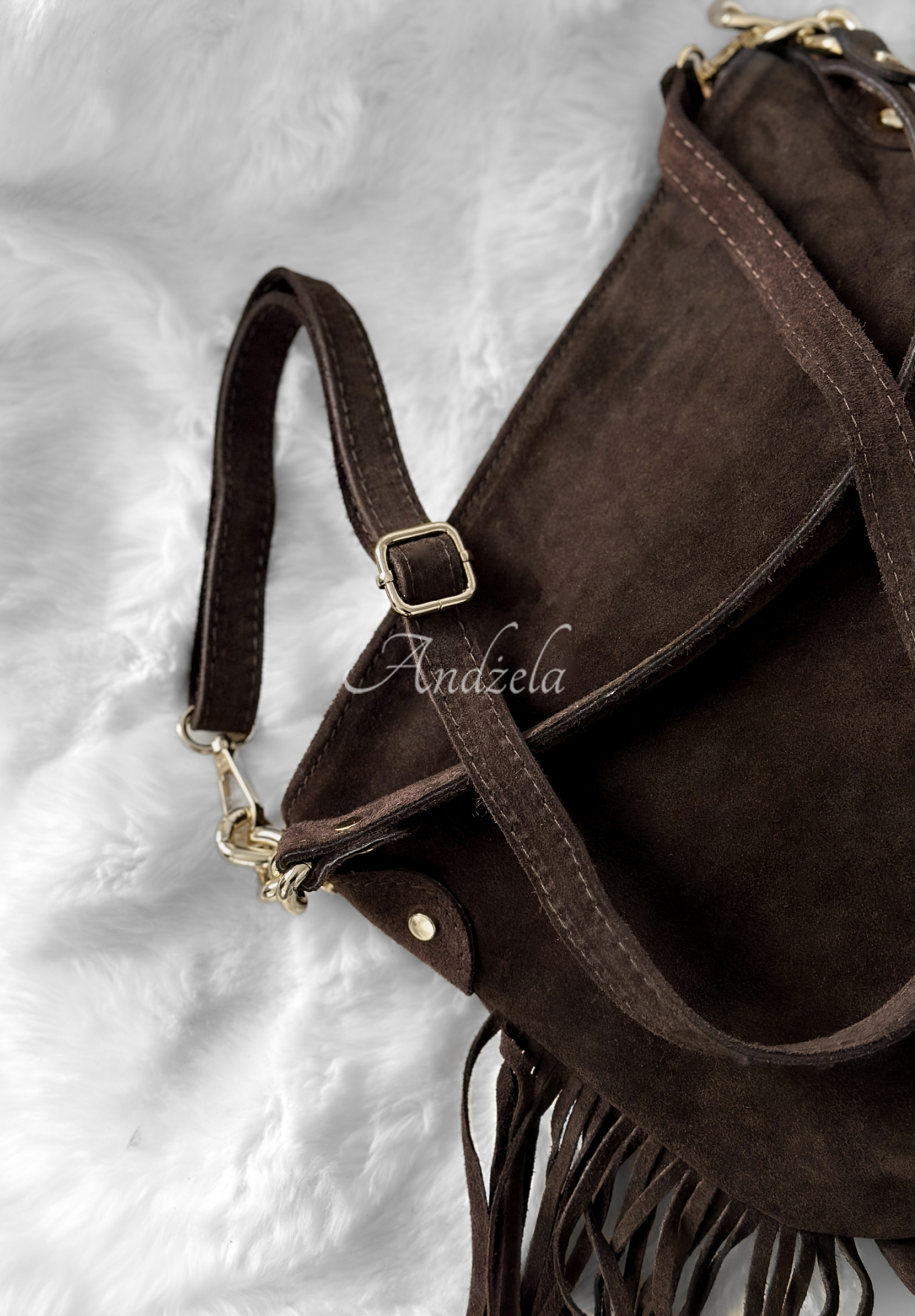 Suede handbag with tassels Final Message chocolate