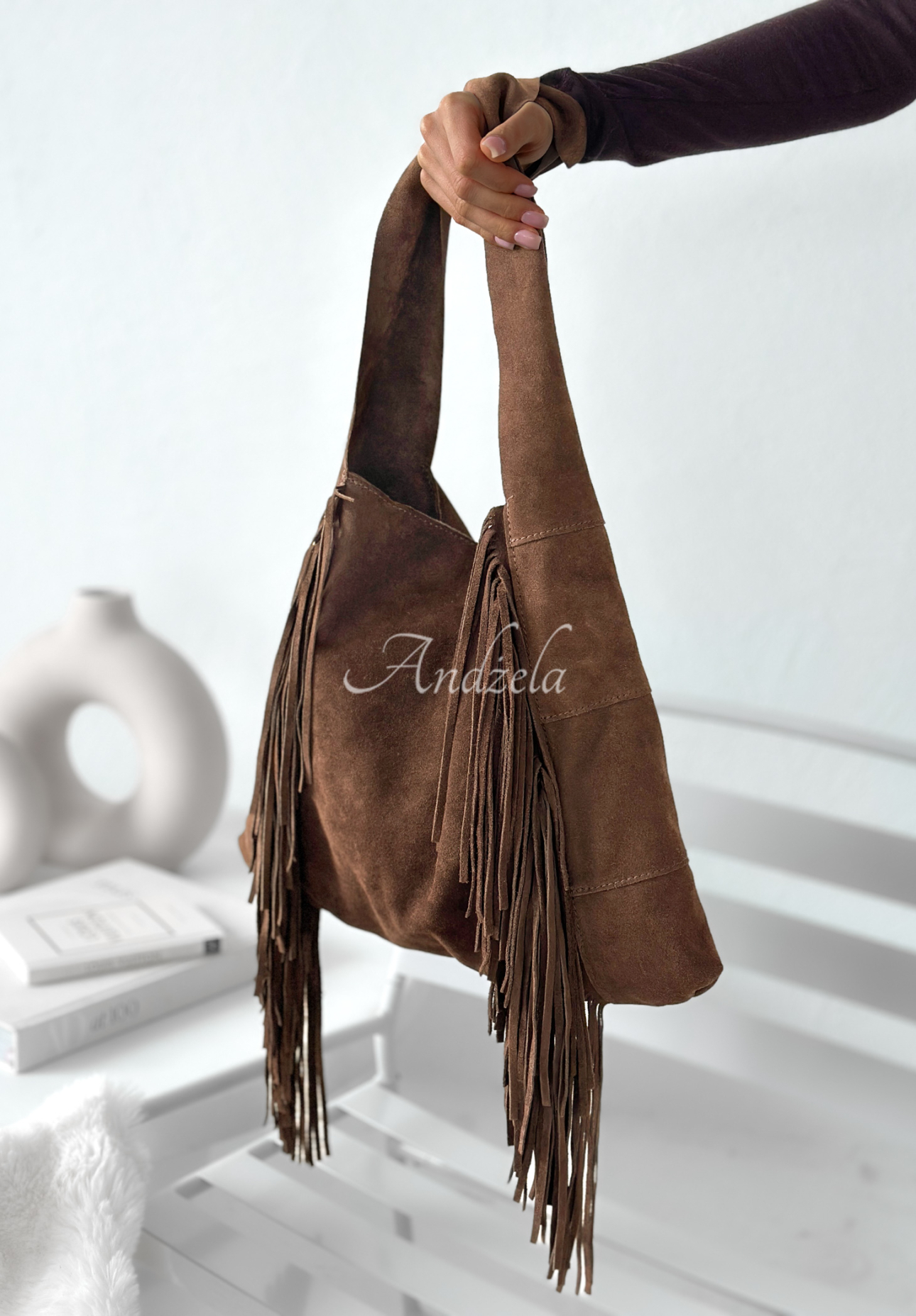 Maybe Next Time chocolate suede fringe handbag