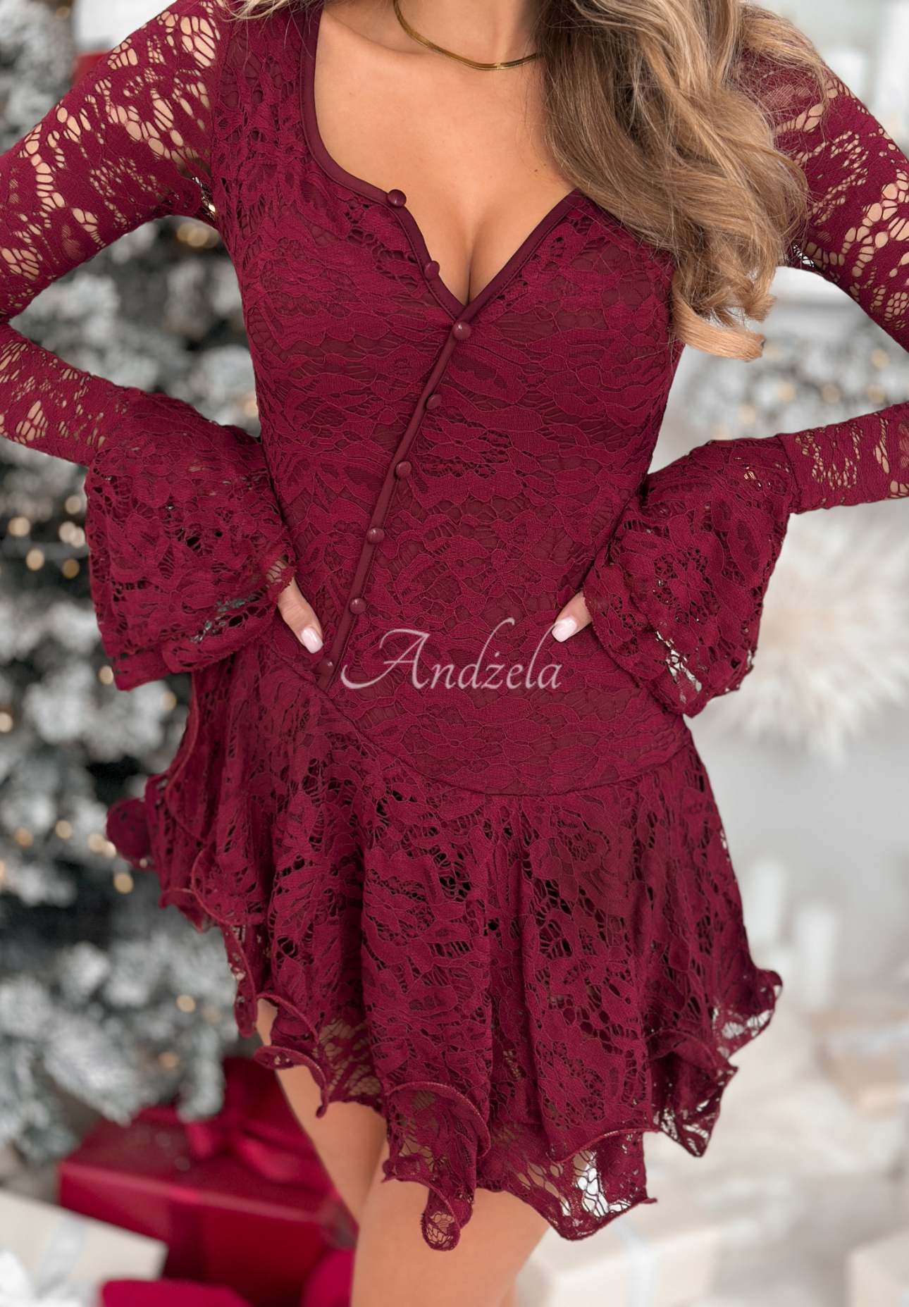 Short lace jumpsuit with ruffles Speak To Me burgundy