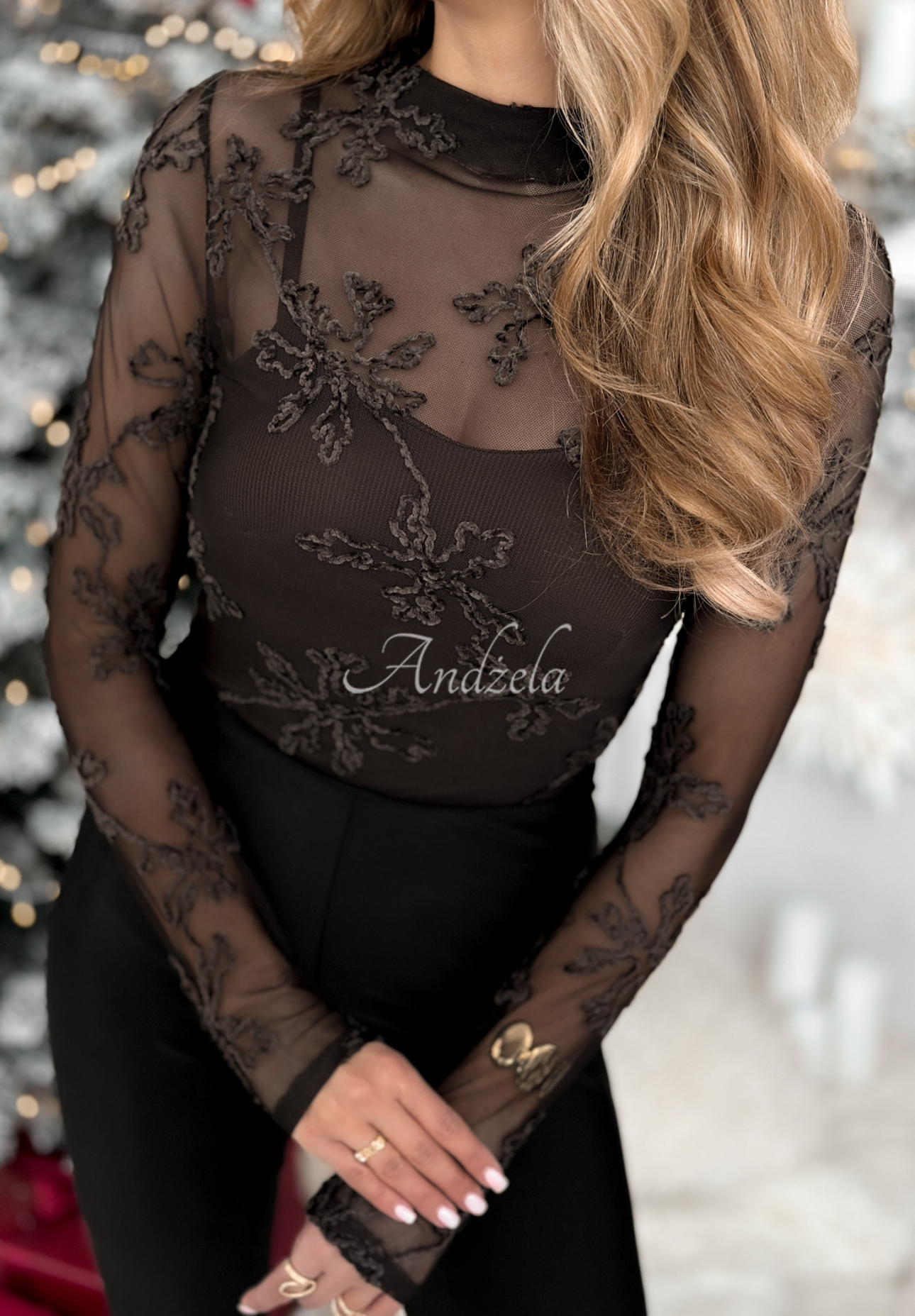 Mesh blouse with embroidery Go On A Date chocolate