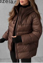 Długa pikowana kurtka z kapturem New In Town czekoladowa