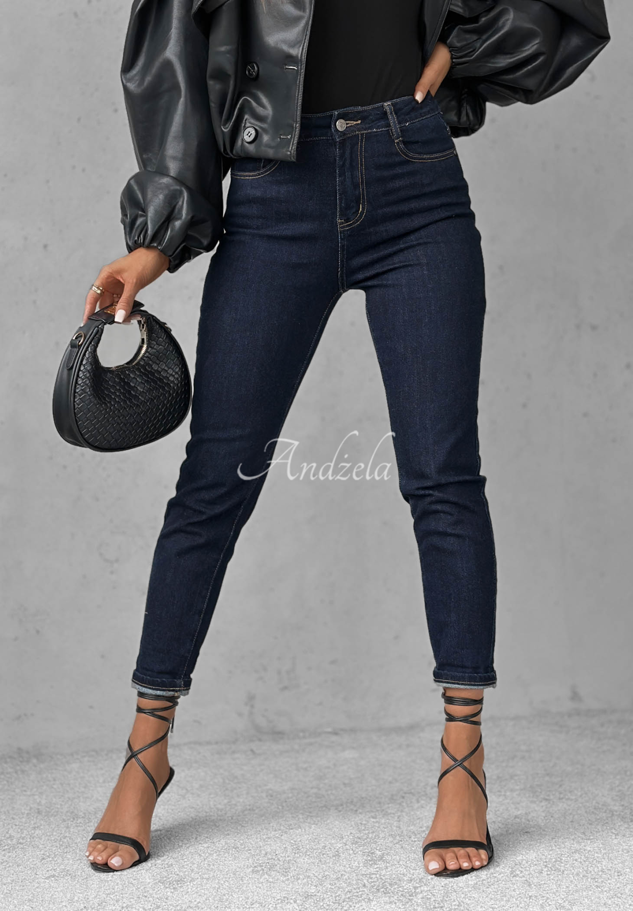 Denim mom fit pants with belt Let's Not Talk navy blue