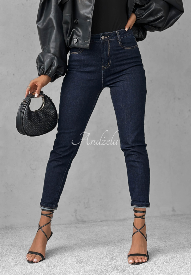 Spodnie jeansowe mom fit z paskiem Let&rsquo;s Not Talk granatowe
