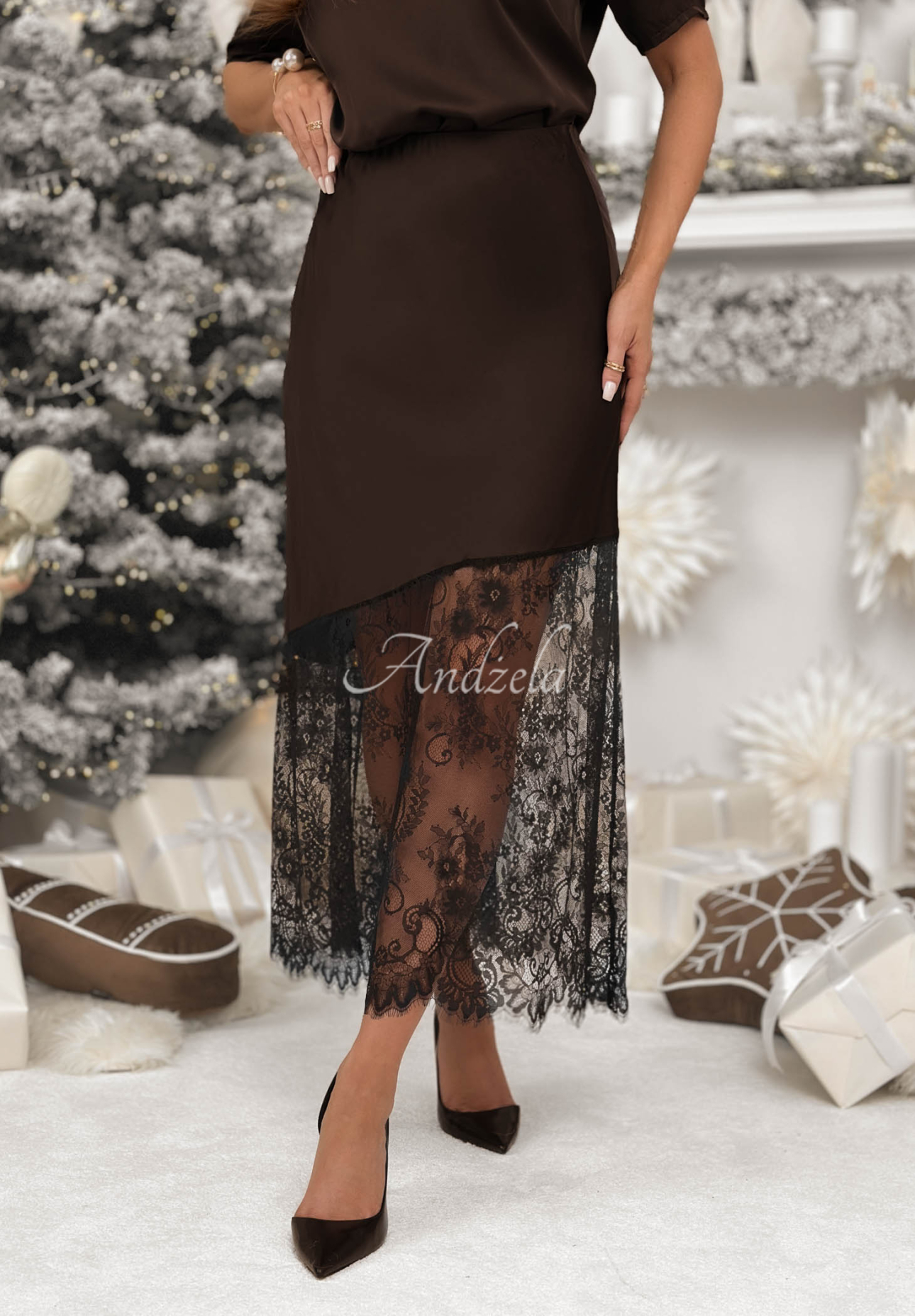 Viscose satin midi skirt with lace Always Wanted chocolate II