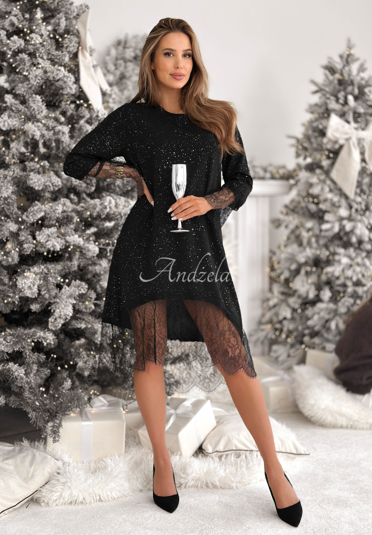 Glitter midi dress with lace Ask Me Later black