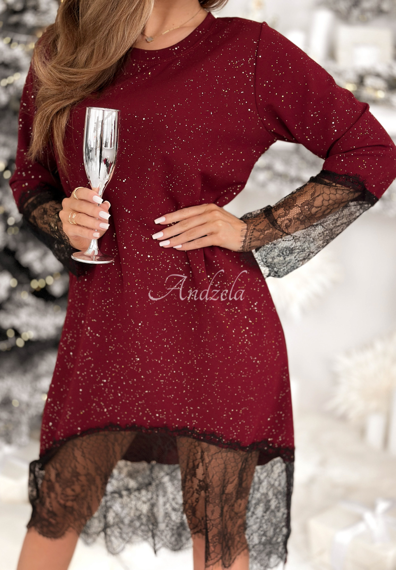Glitter midi dress with lace Ask Me Later burgundy