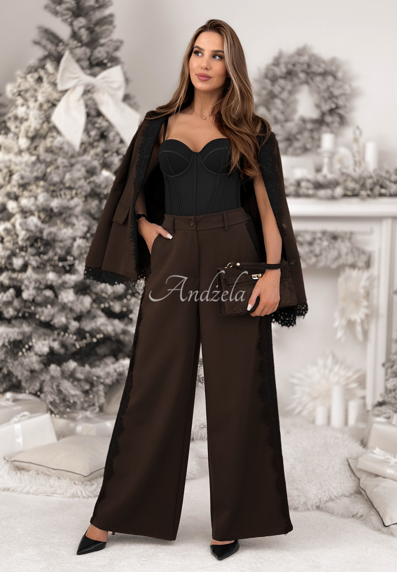 Marynarka z koronką i wiskozą Grace Moment czekoladowa