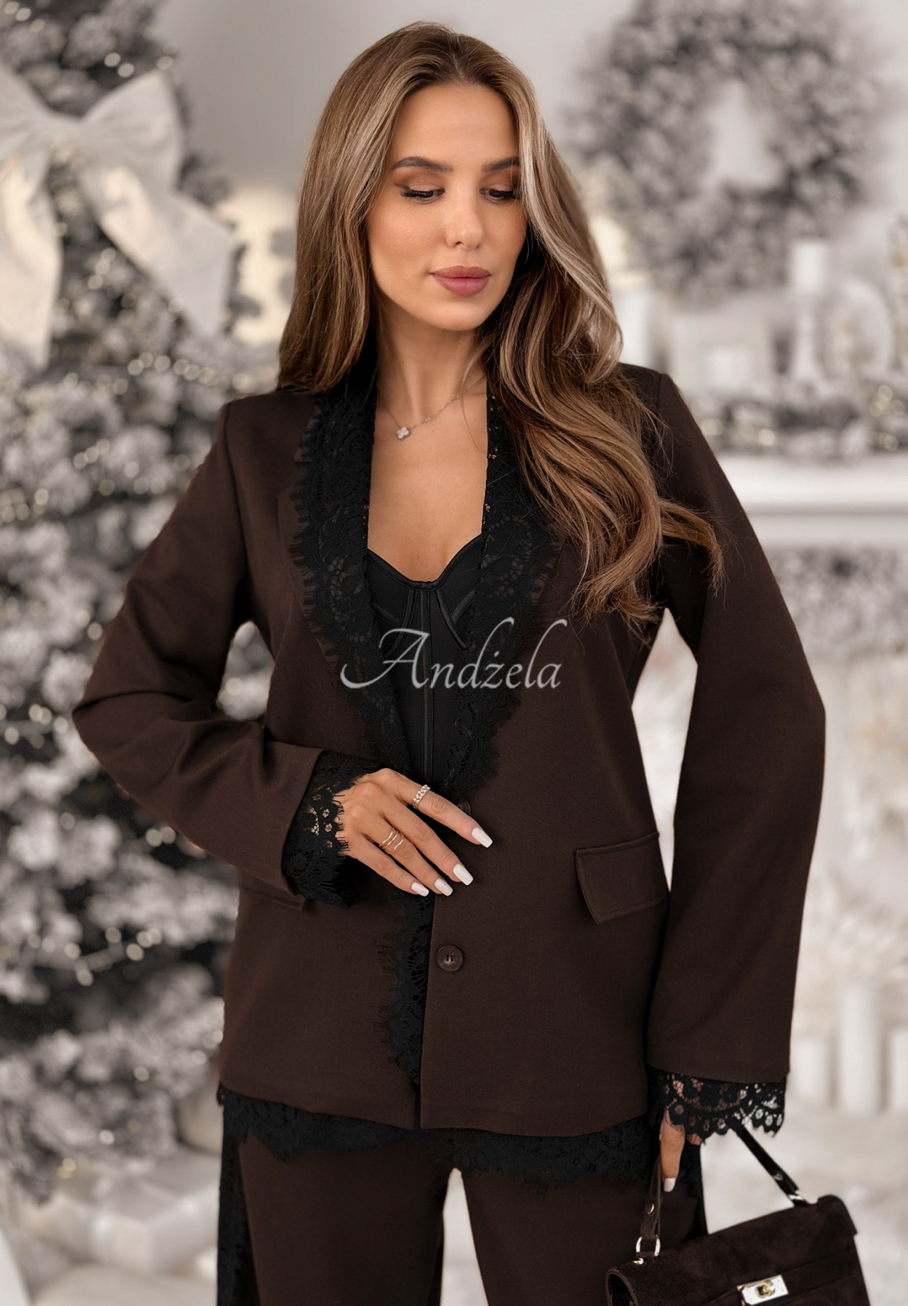 Marynarka z koronką i wiskozą Grace Moment czekoladowa