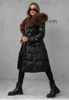 Długa pikowana kurtka z futerkiem Winter Time czarna