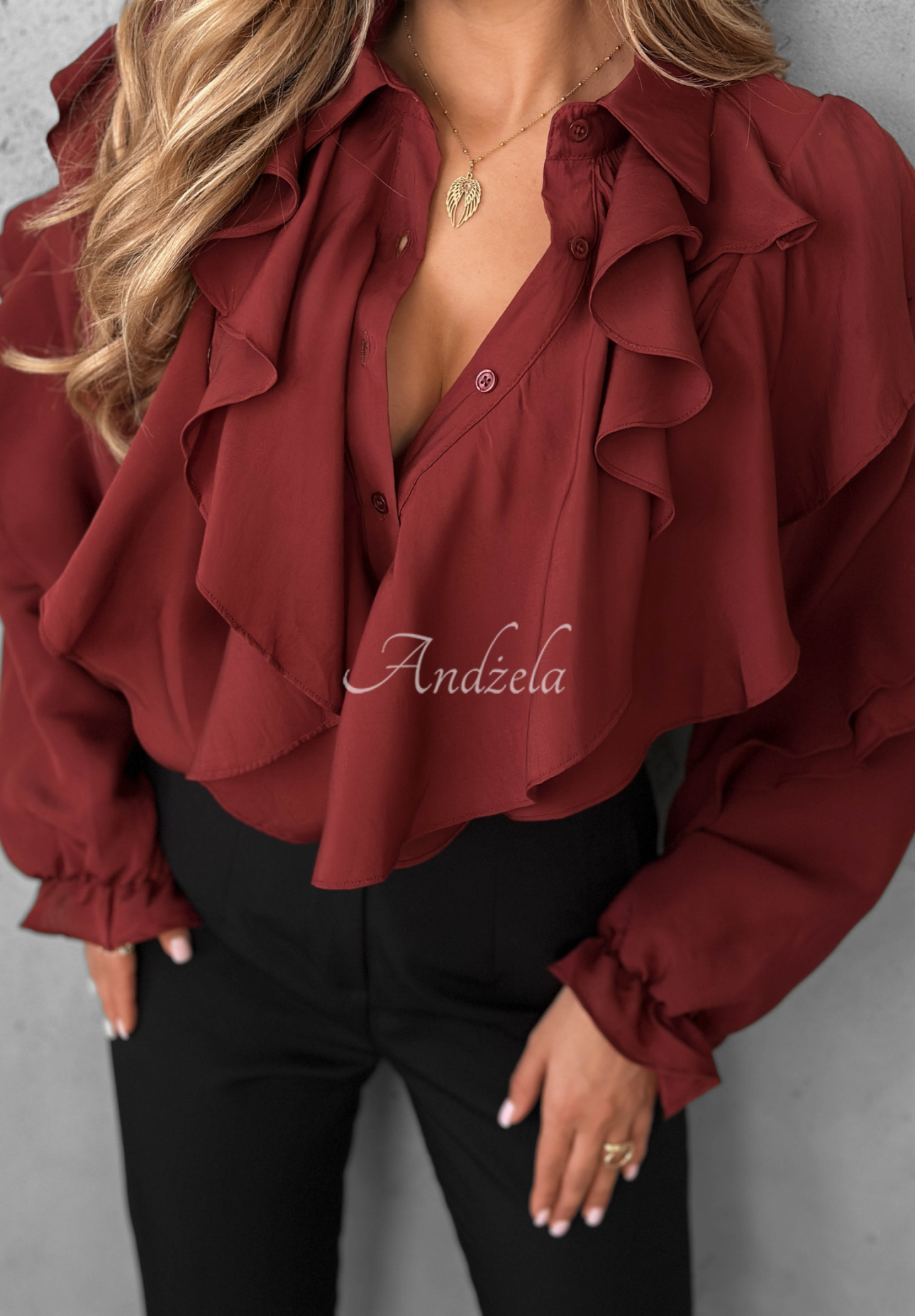 Wiskozowa koszula z falbankami Majestic Dreams burgundowa