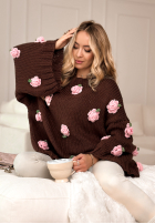 Sweter z szerokimi rękawami w różyczki Sweet Little Roses czekoladowy