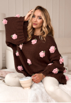 Sweter z szerokimi rękawami w różyczki Sweet Little Roses czekoladowy