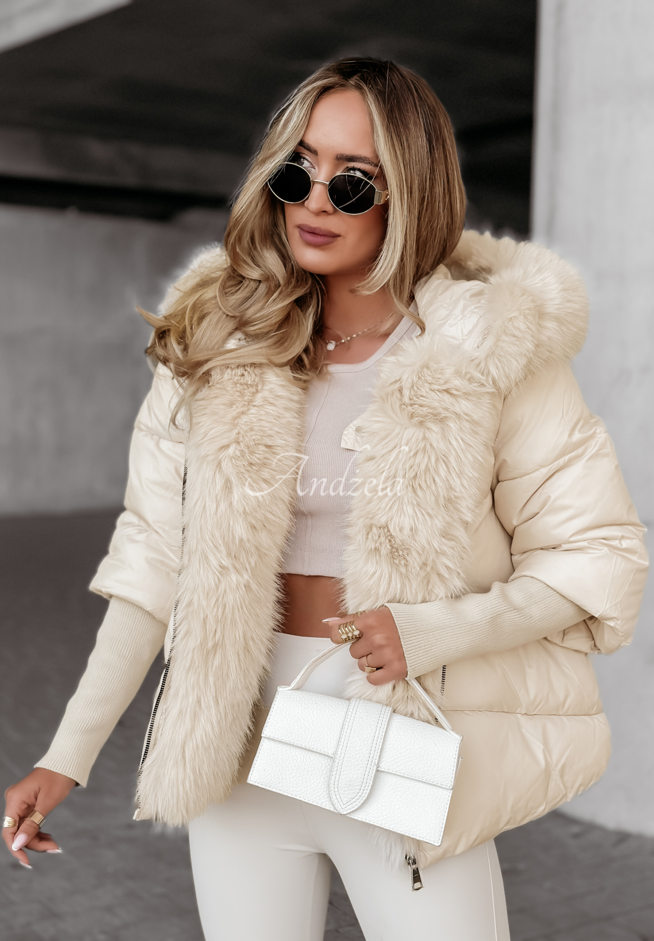 Short quilted jacket with faux fur Frosty Horizon beige