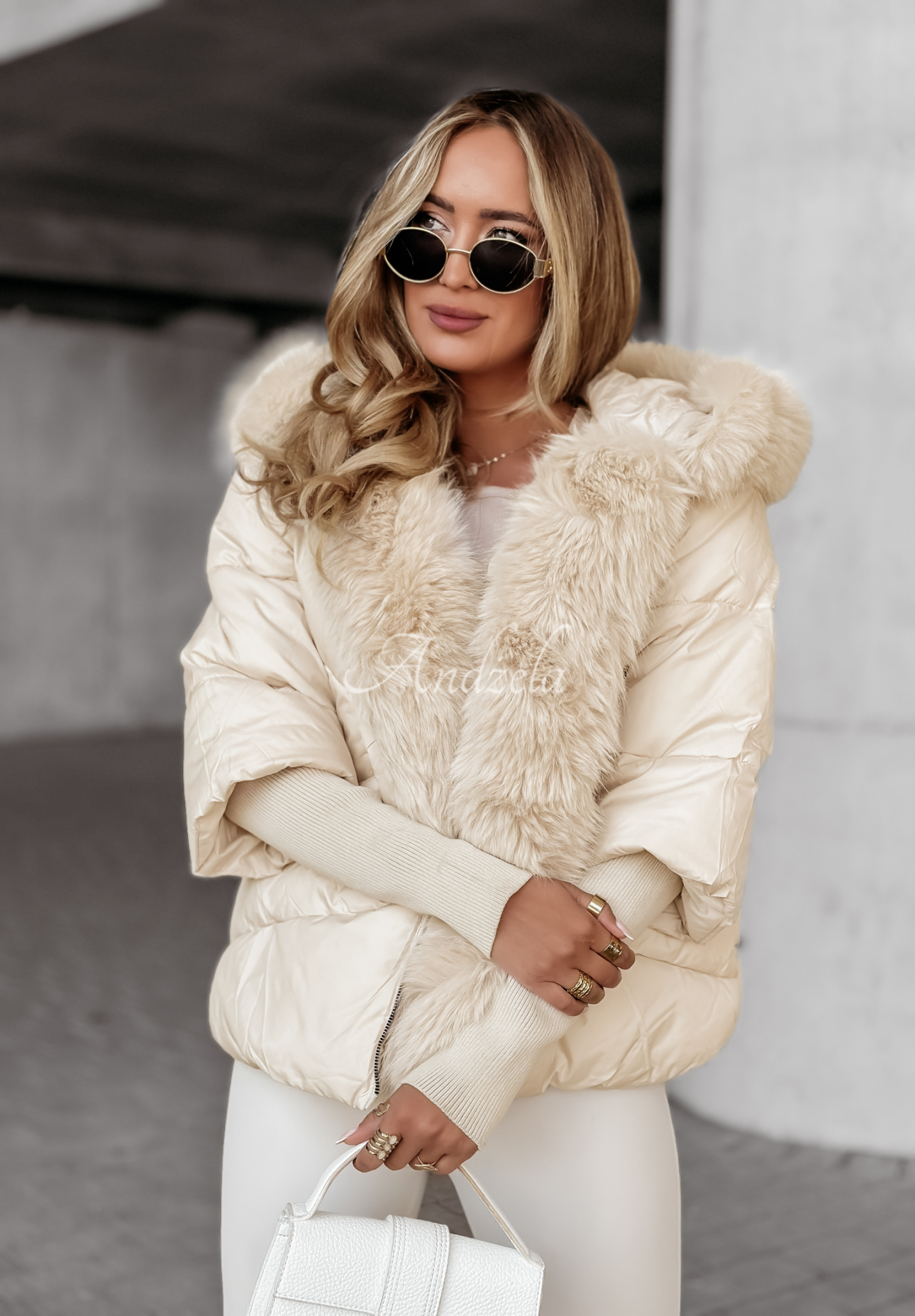 Short quilted jacket with faux fur Frosty Horizon beige