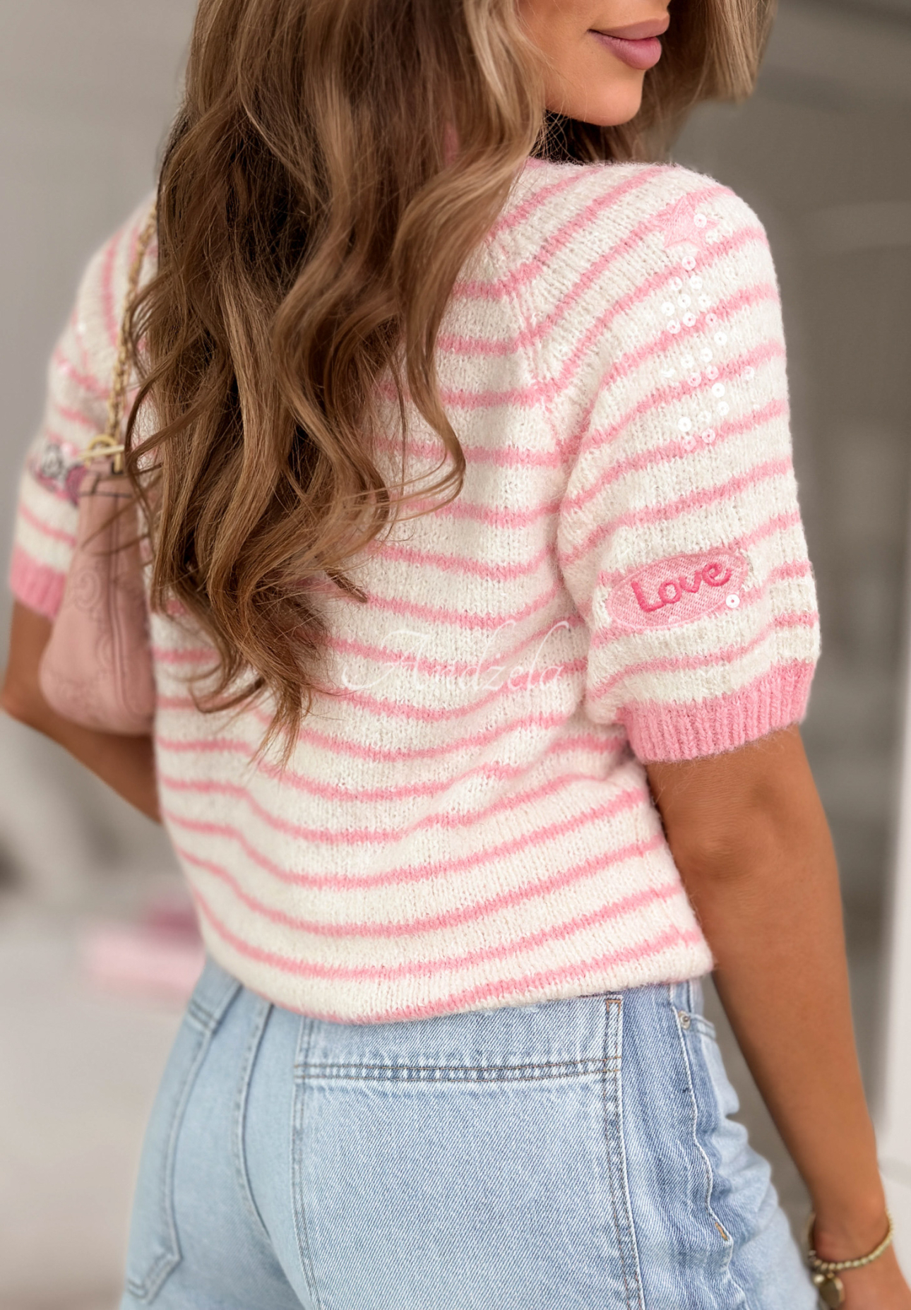 Striped sweater with sequins and embroidery Sweet Little Me white and pink
