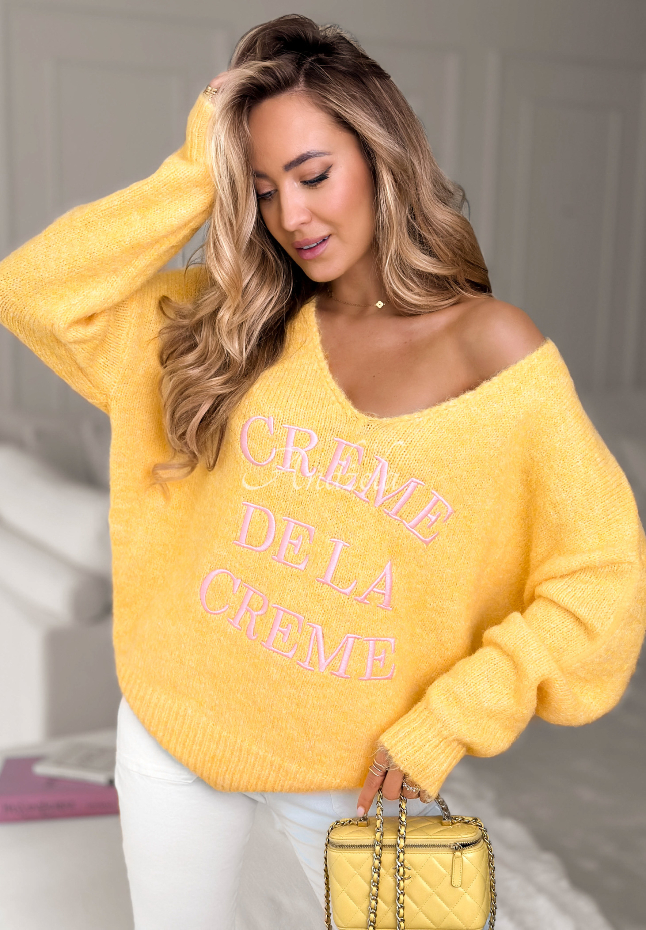 Soft sweater with embroidery and viscose Creme De La Creme yellow