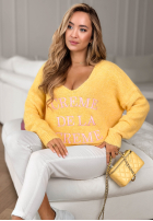 Miękki sweter z dekoltem i haftami Creme De La Creme żółty