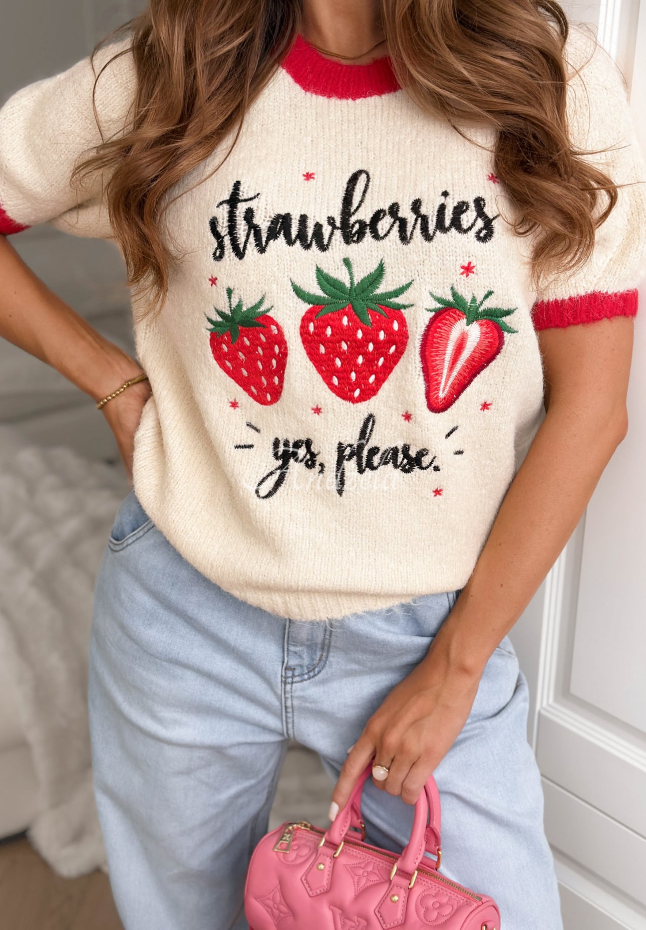 Soft sweater with embroidery and viscose Strawberries Please beige-red