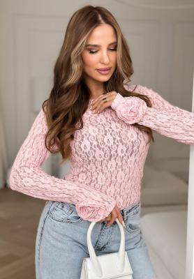 Lace longsleeve blouse with roses Lace & Roses powder pink