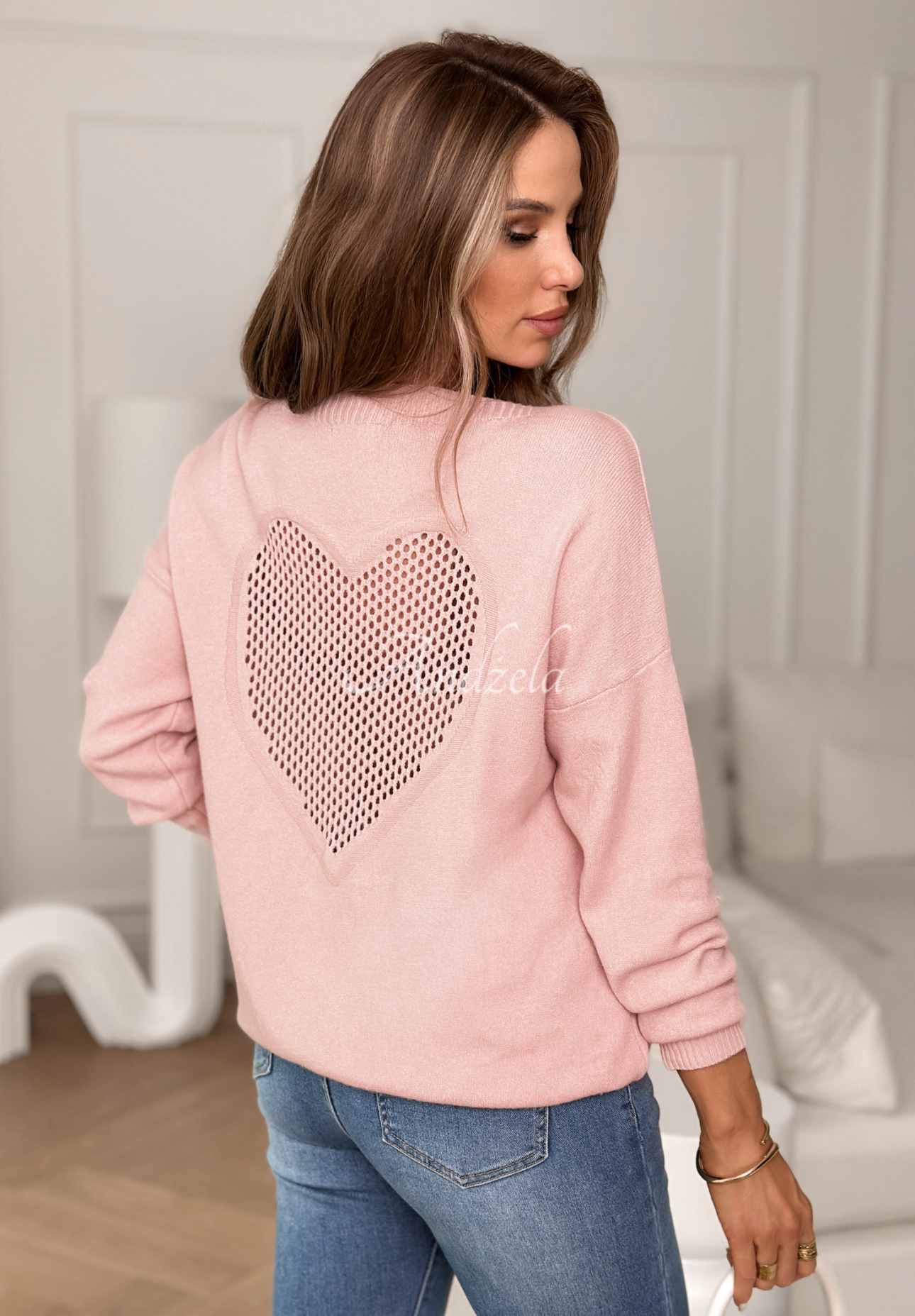 Viscose lightweight sweater with openwork heart From The Heart powder pink