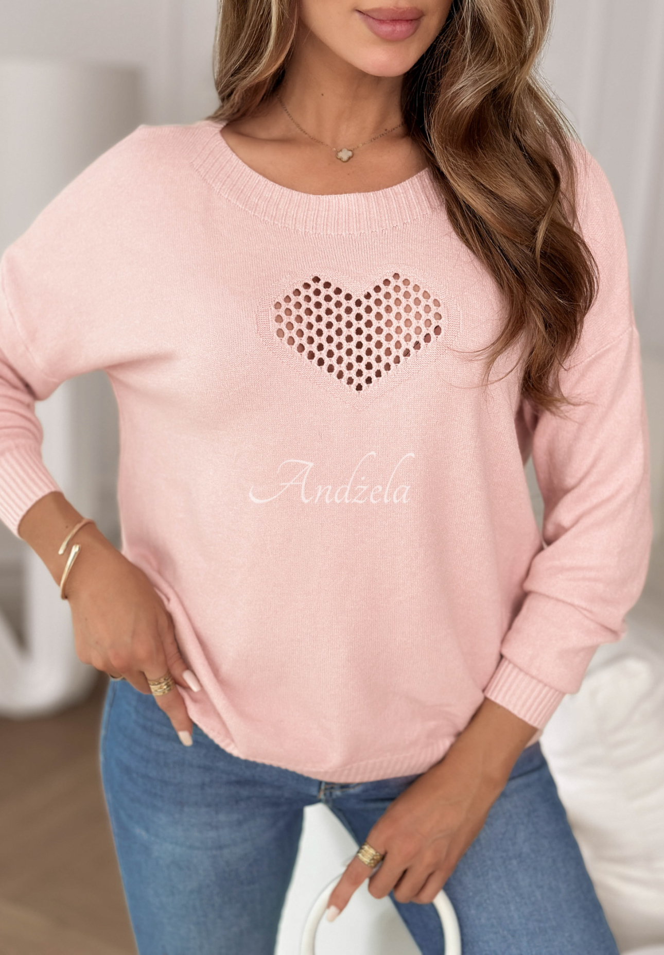 Viscose lightweight sweater with openwork heart From The Heart powder pink