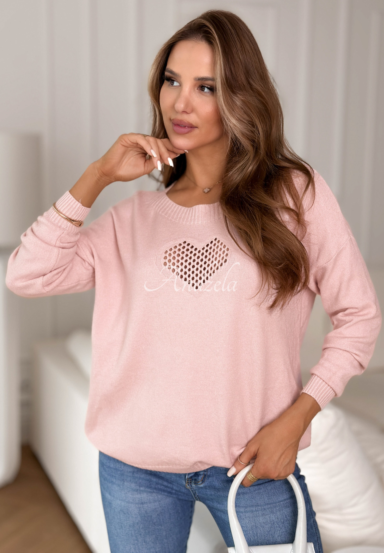 Viscose lightweight sweater with openwork heart From The Heart powder pink