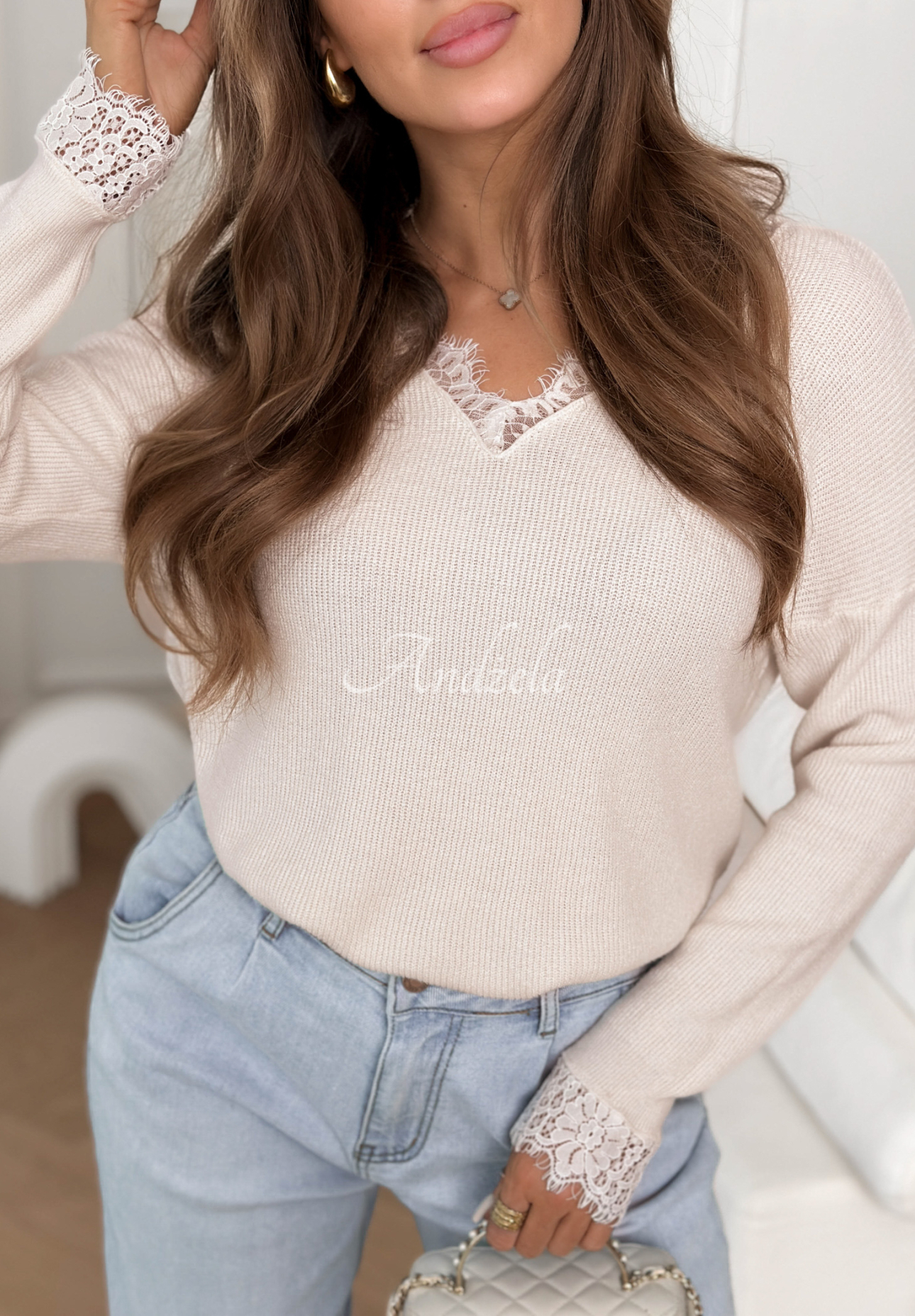 Lightweight viscose sweater with lace Till April beige