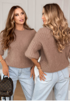 Moherowy sweter na krótki rękaw z wełną On Airplane mokka