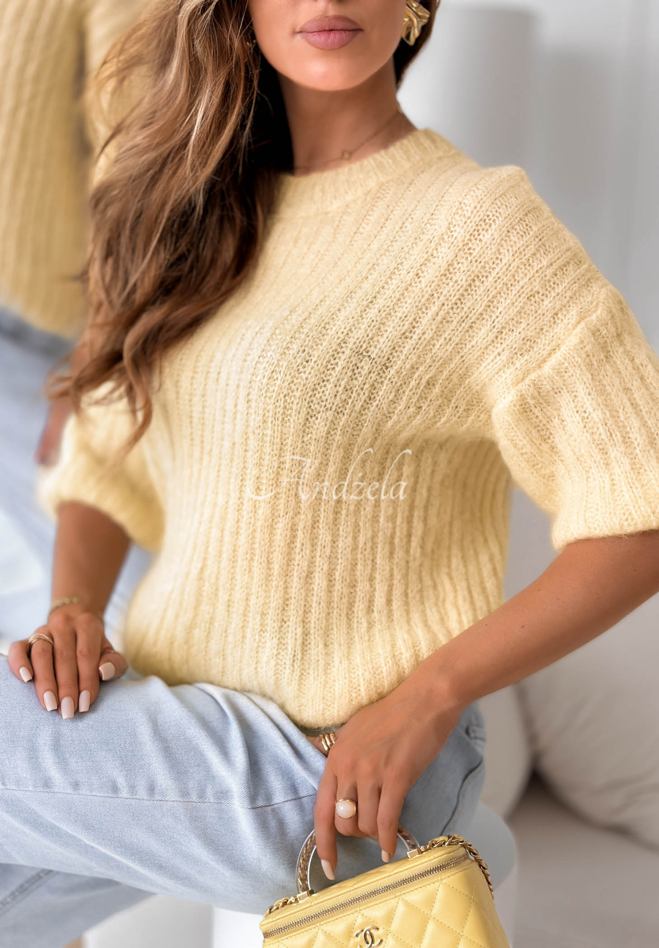 Moherowy sweter z wełną On Airplane żółty