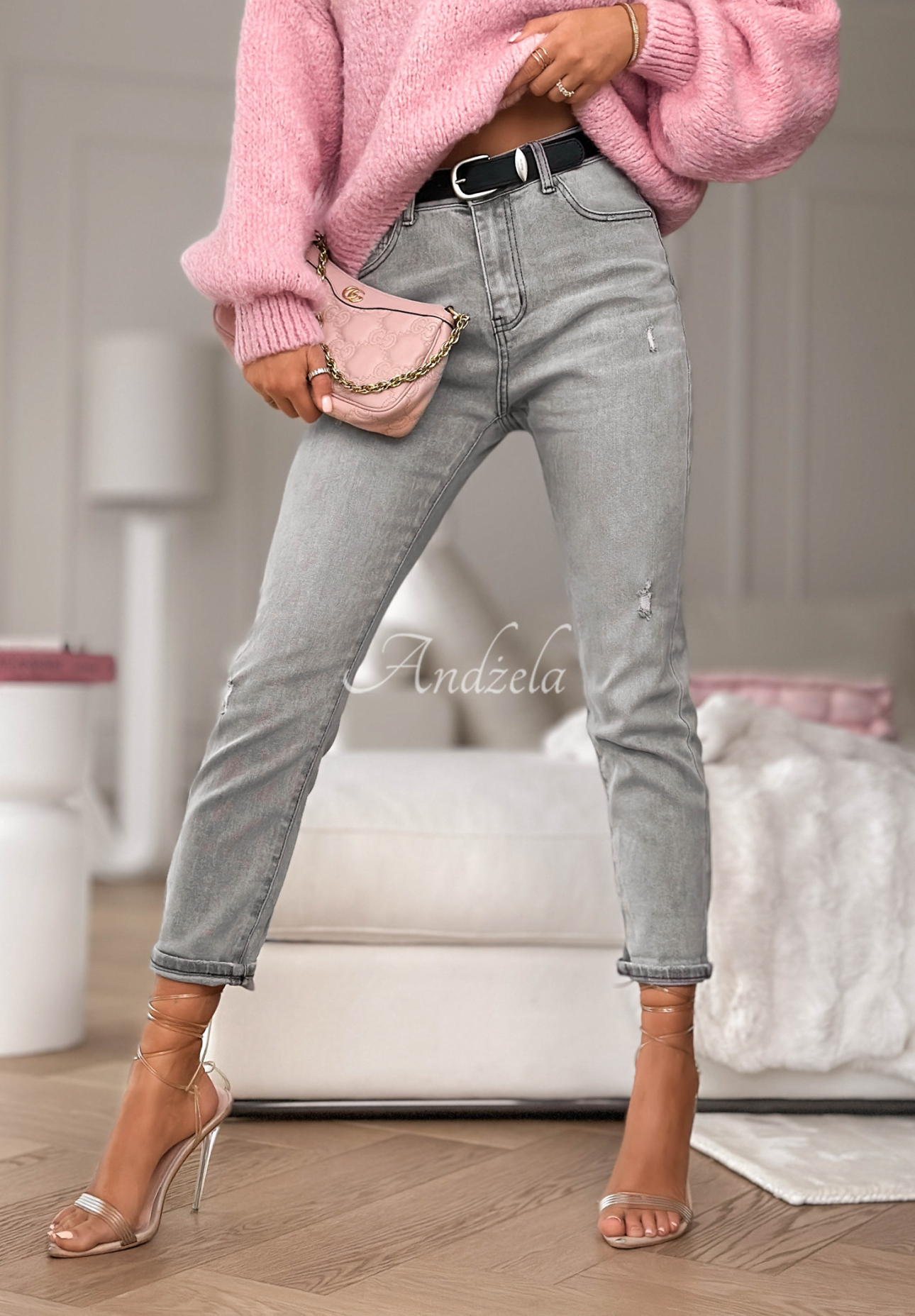 Spodnie jeansowe loose fit z paskiem Not Even Close szare