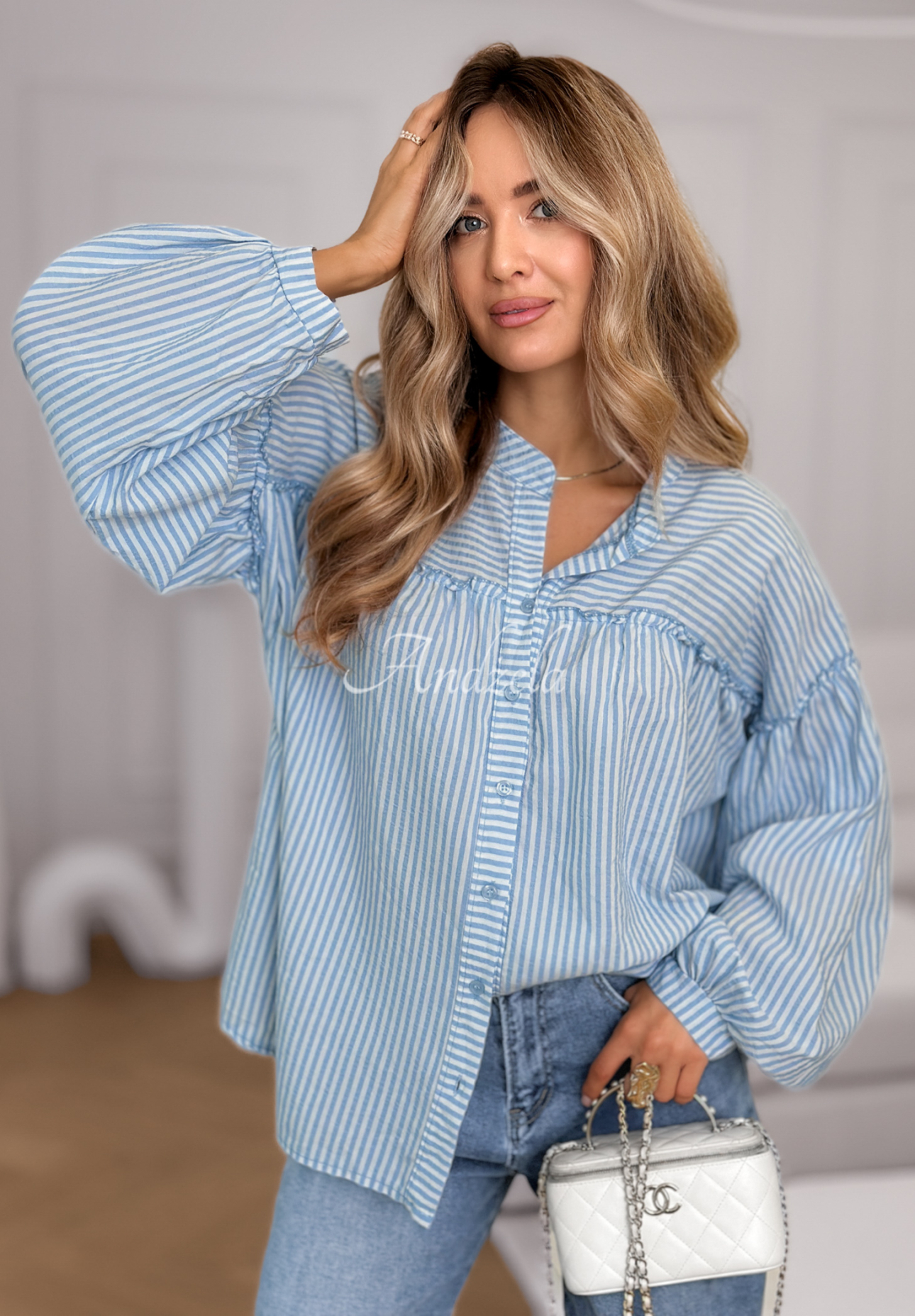 Pure Lines white and blue striped cotton shirt with puff sleeves
