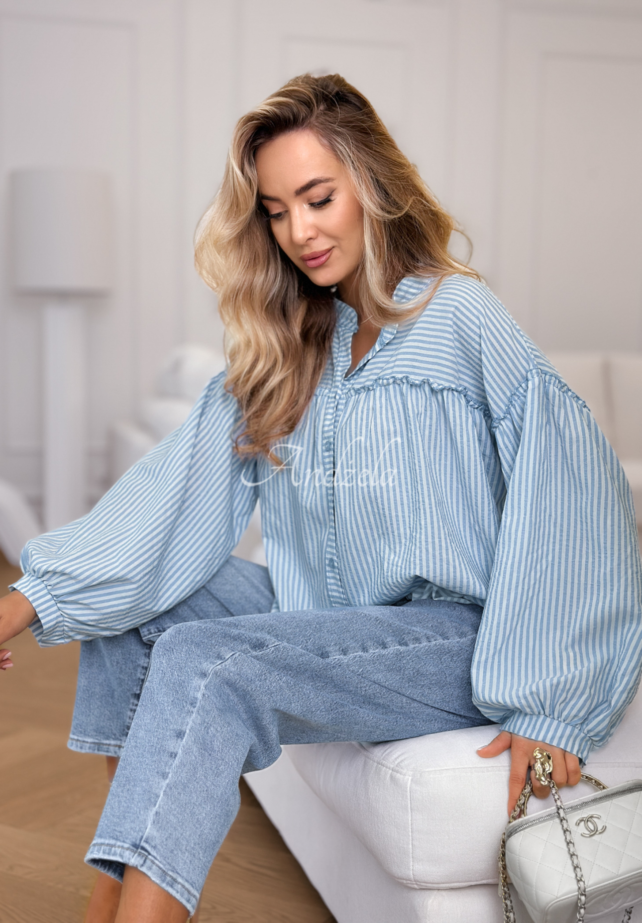 Bawełniana koszula z bufkami w paski Pure Lines biało-błękitna