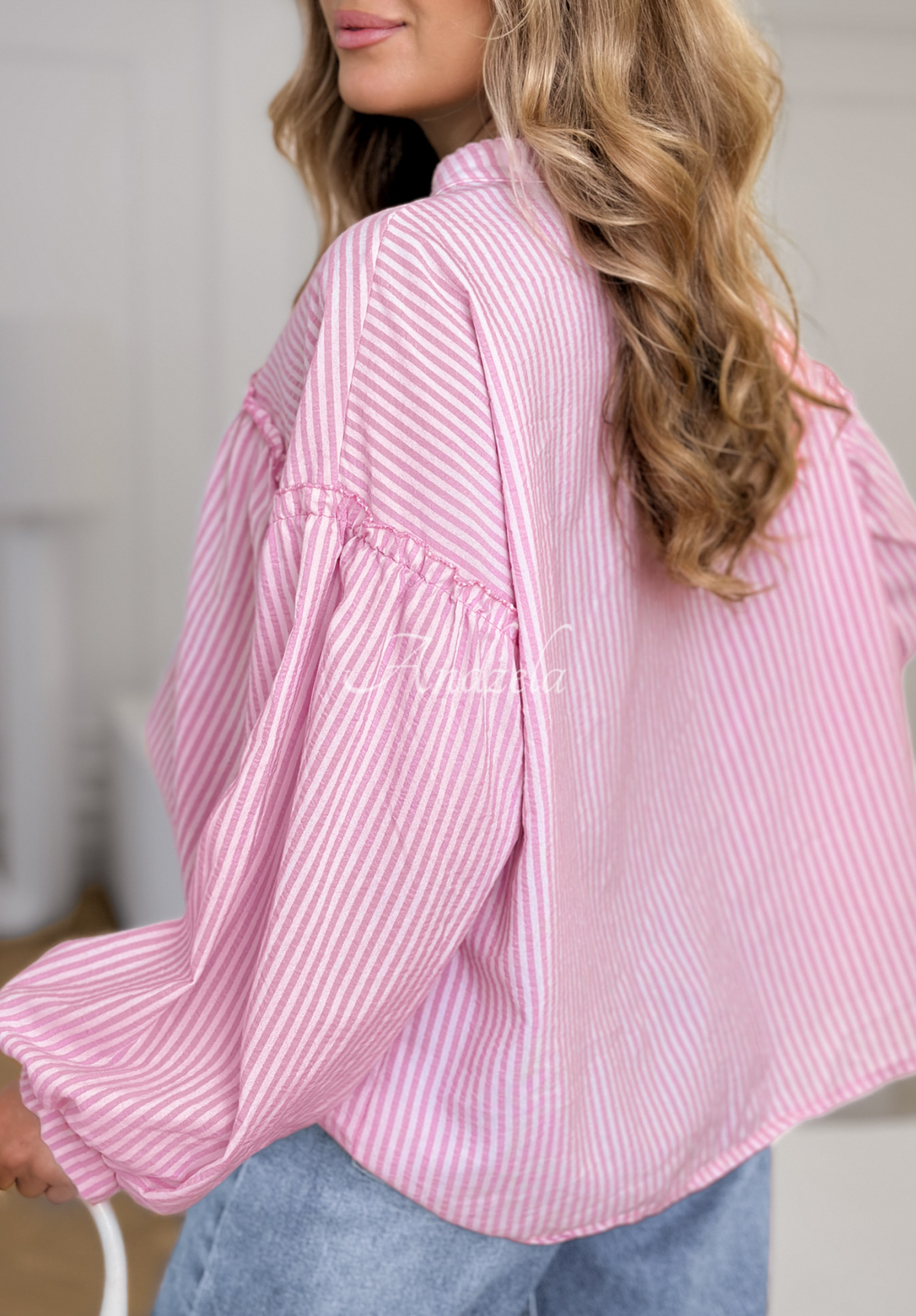 Pure Lines white and pink striped cotton shirt with puff sleeves