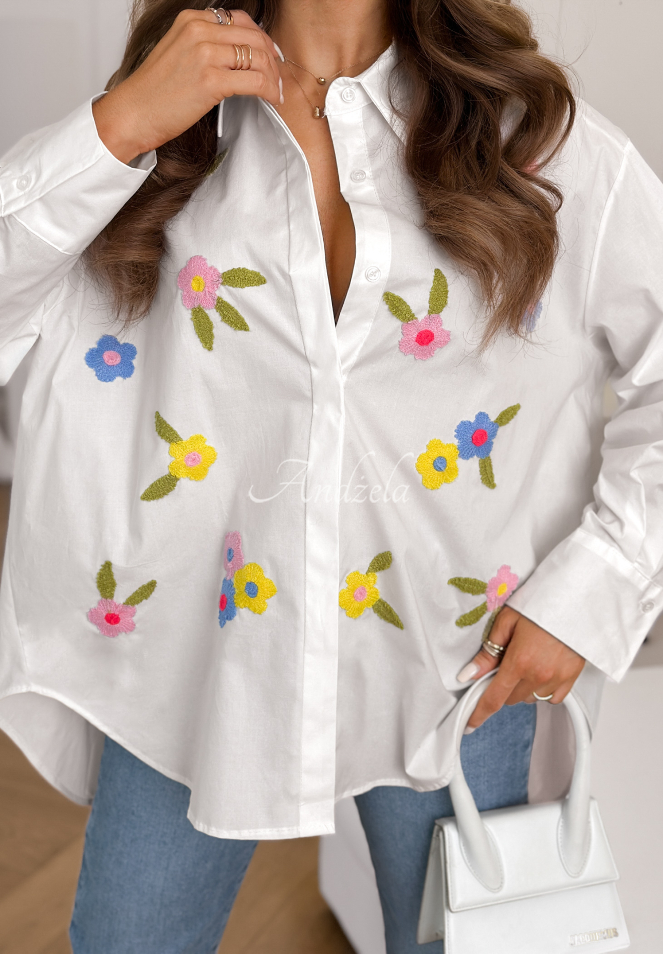 Cotton shirt with embroidered flowers Flowers Bloom white