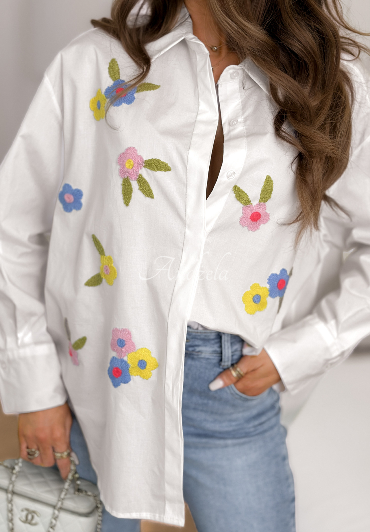 Cotton shirt with embroidered flowers Flowers Bloom white