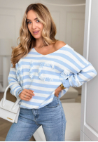Sweter w paski z frędzlami Nice Stripes biało-błękitny
