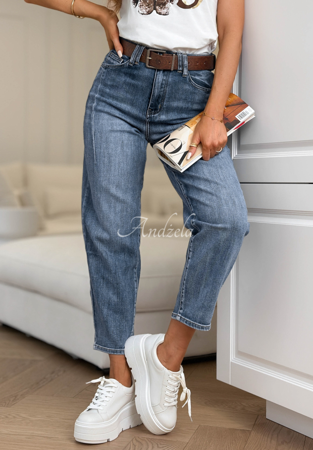 Spodnie jeansowe mom fit z paskiem Are You Sure niebieskie