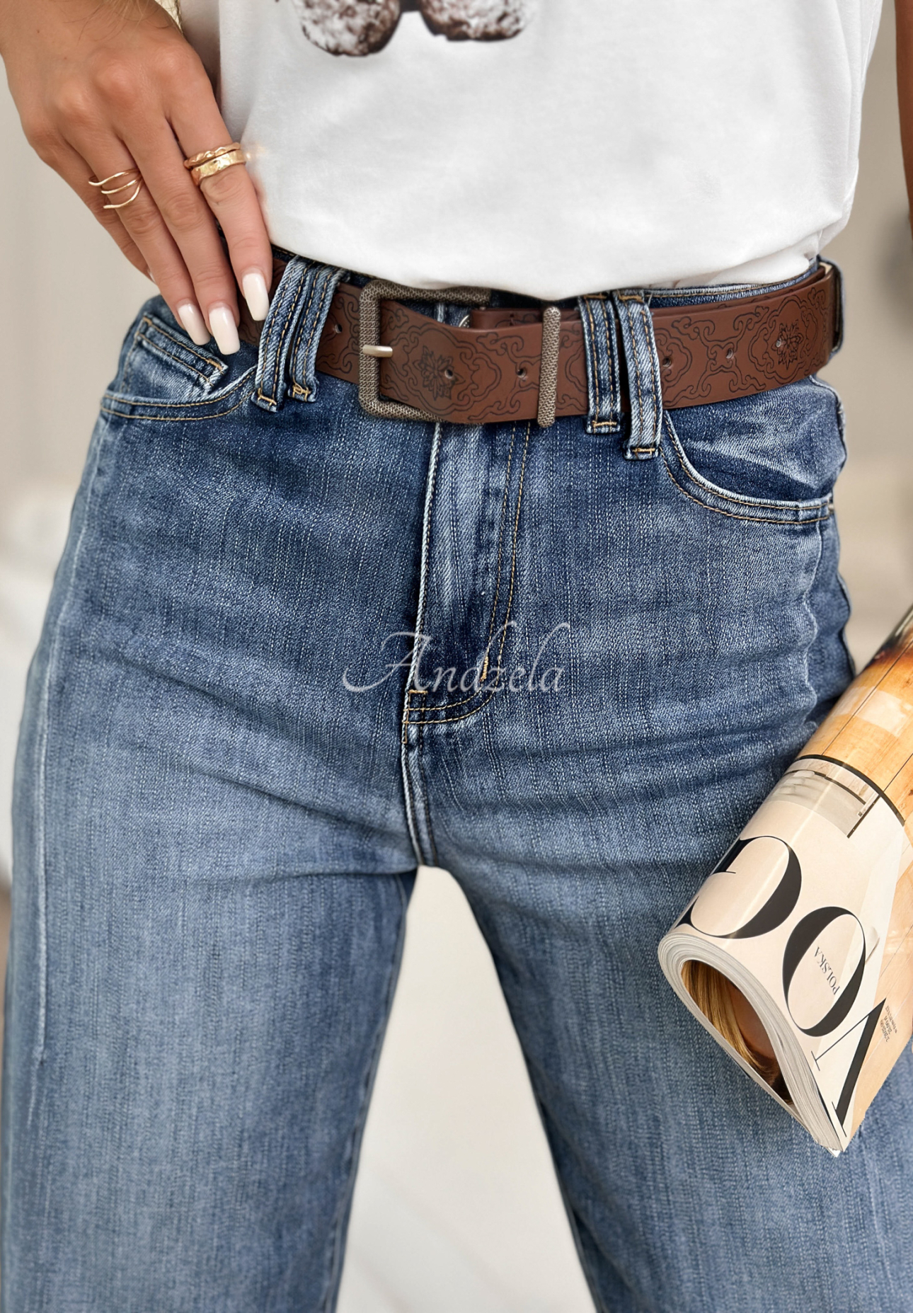 Spodnie jeansowe mom fit z paskiem Are You Sure niebieskie