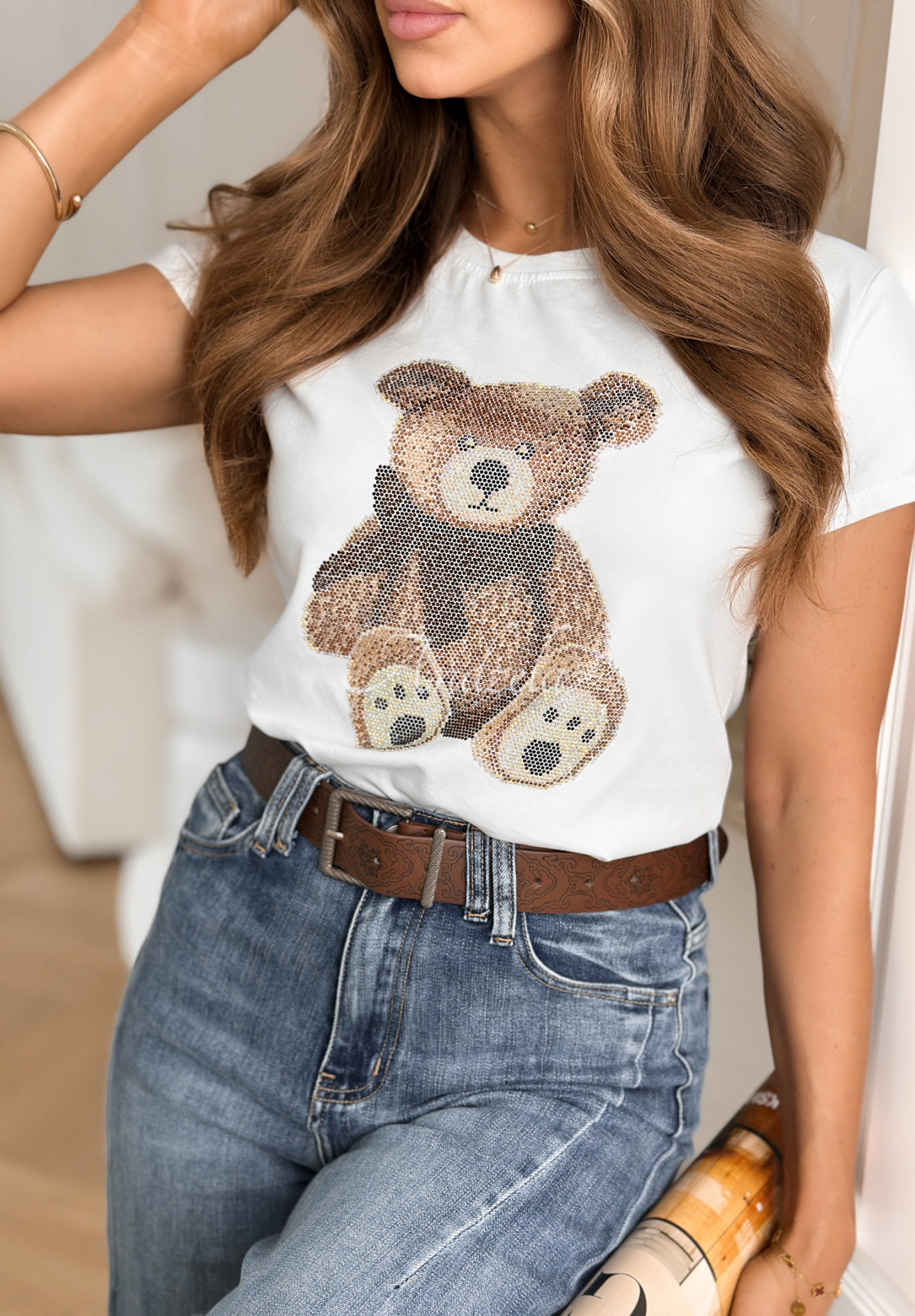Cotton T-shirt with bear and crystals Jetty Bear white