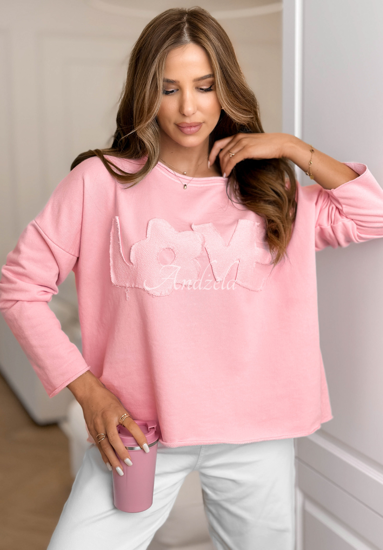 Bawełniana bluzka z napisem Flowers &amp; Love różowa