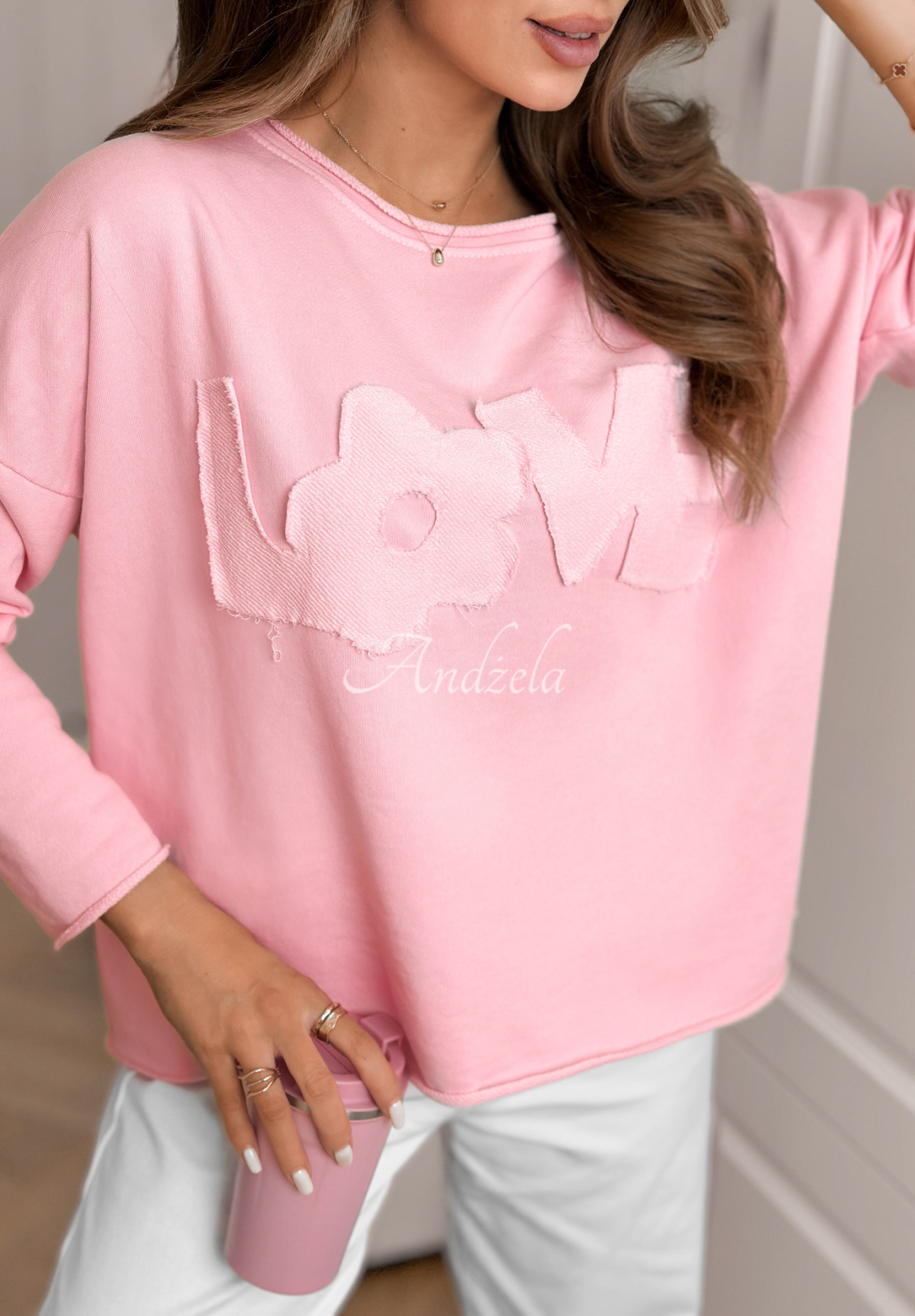 Bawełniana bluzka z napisem Flowers &amp; Love różowa