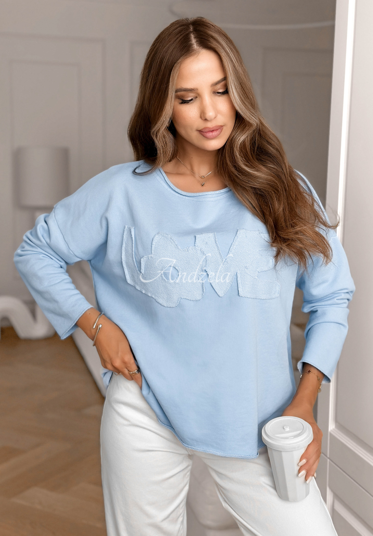 Cotton blouse with Flowers &amp; Love inscription, blue