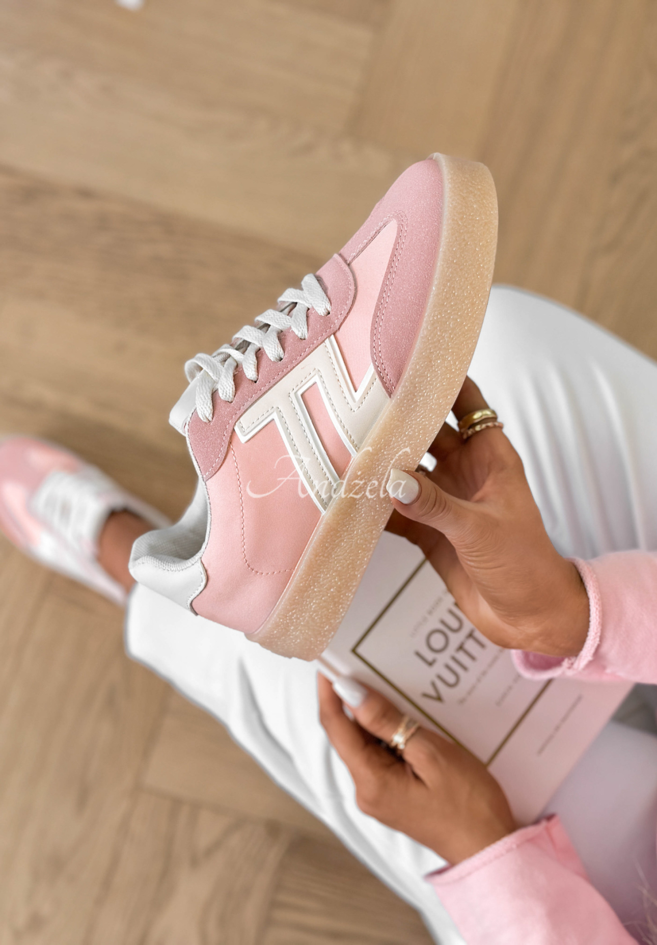 Gotta Keep Going pink and white sneakers