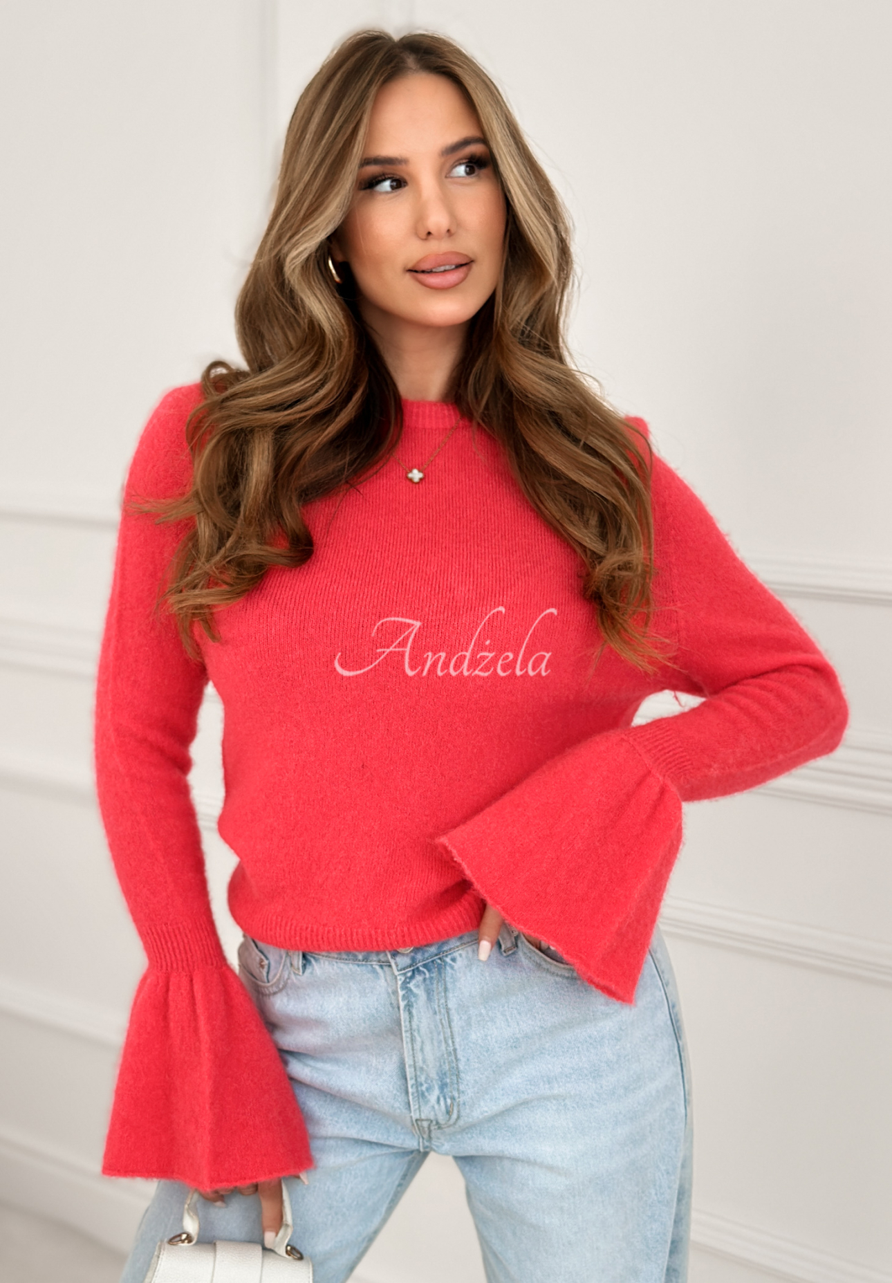 Soft sweater with wide sleeves and alpaca Spring Smoothie coral