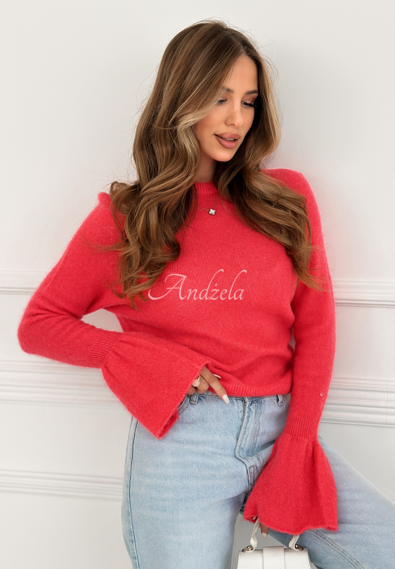 Soft sweater with wide sleeves and alpaca Spring Smoothie coral