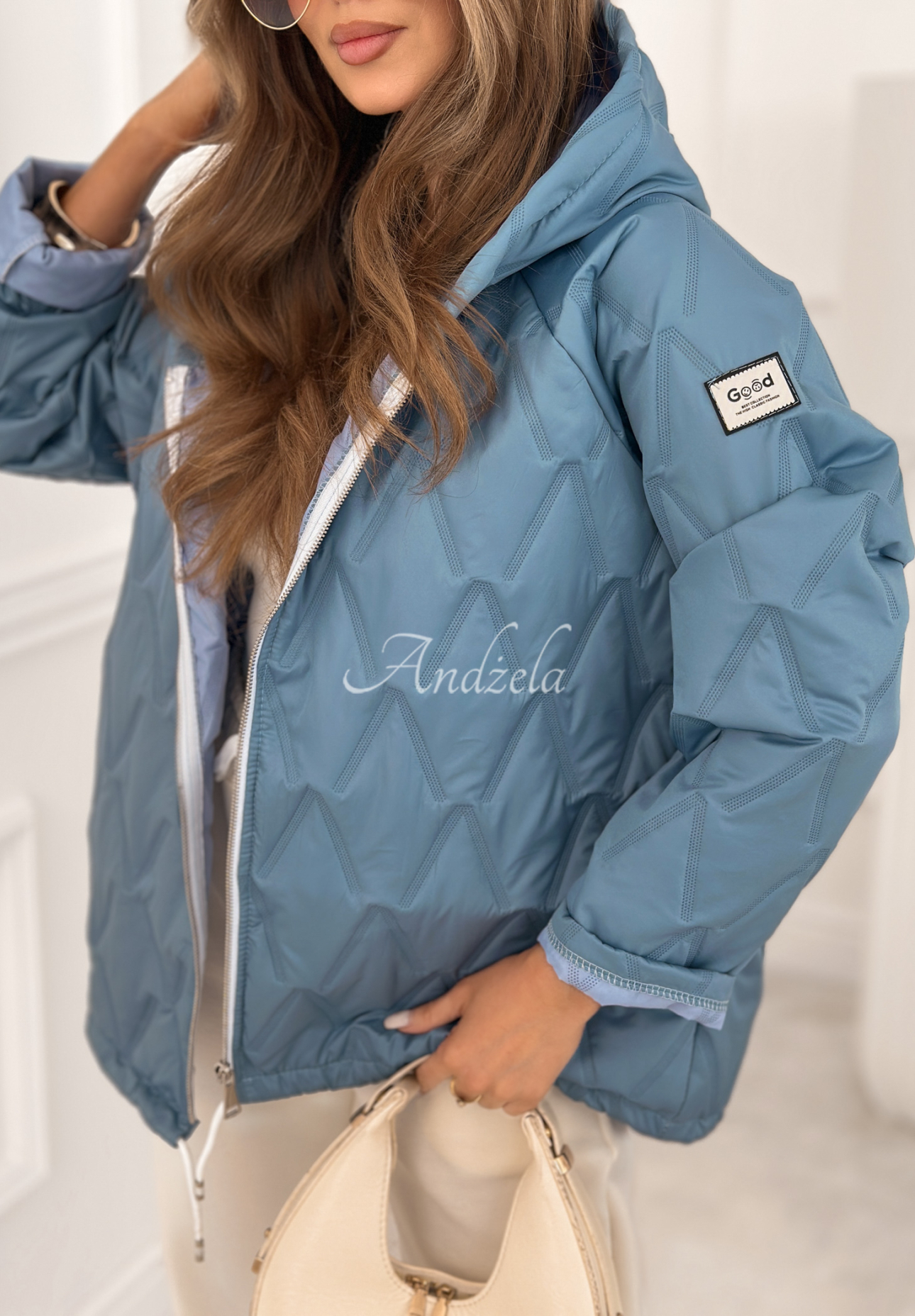 Springtime Starts short quilted jacket with hood, sky blue