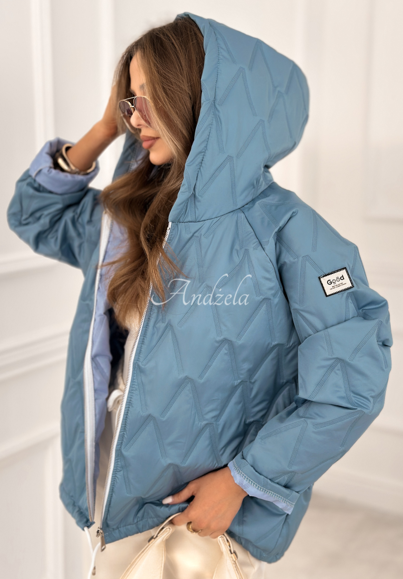 Springtime Starts short quilted jacket with hood, sky blue